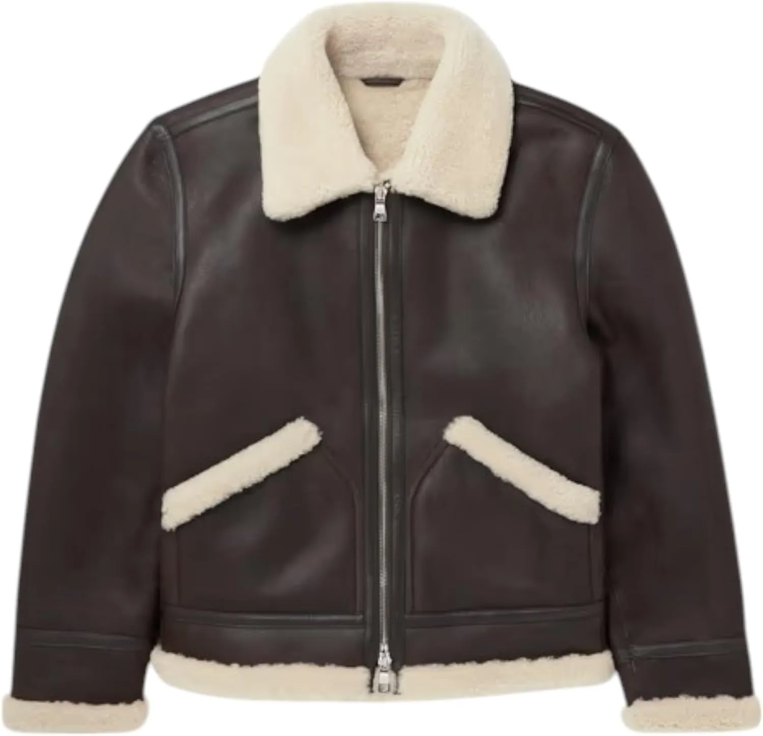 Men's 100% Sheepskin Leather Aviator Jacket - Brown, Full Zip, Artificial Fur Collar & Cuffs