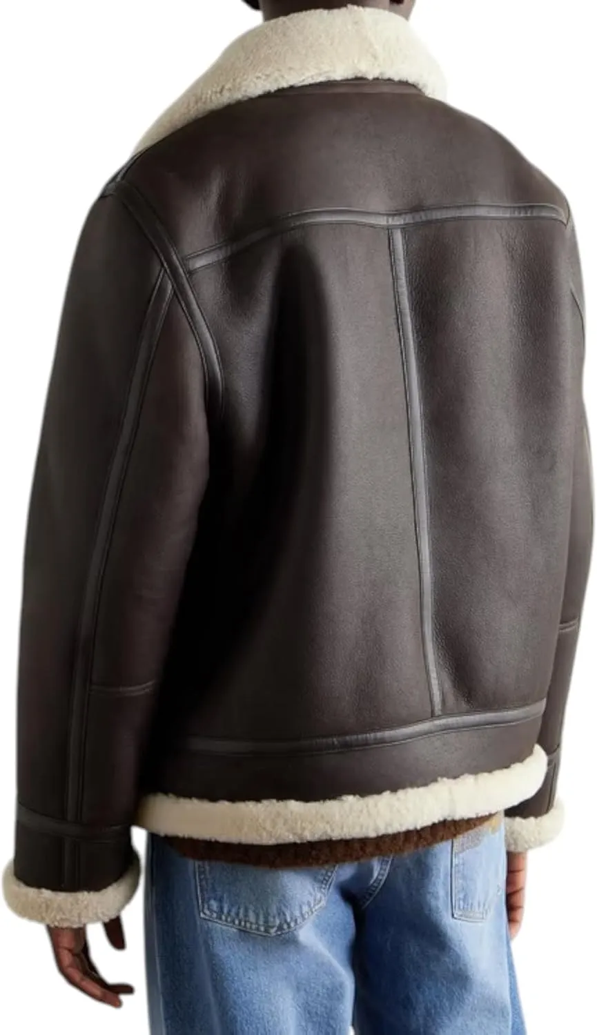 Men's 100% Sheepskin Leather Aviator Jacket - Brown, Full Zip, Artificial Fur Collar & Cuffs
