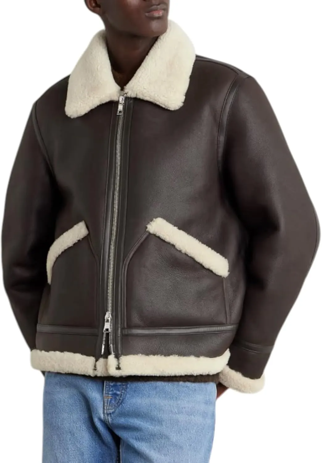 Men's 100% Sheepskin Leather Aviator Jacket - Brown, Full Zip, Artificial Fur Collar & Cuffs