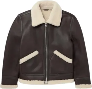 Men's 100% Sheepskin Leather Aviator Jacket - Brown, Full Zip, Artificial Fur Collar & Cuffs
