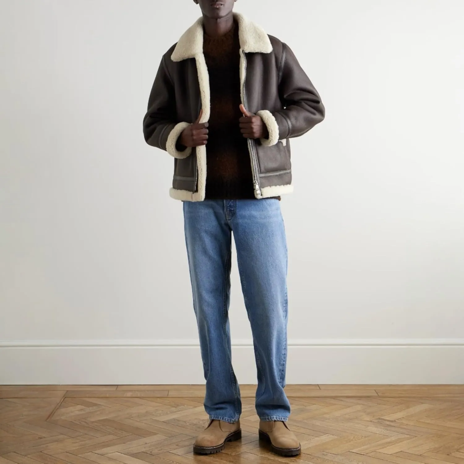Men's 100% Sheepskin Leather Aviator Jacket - Brown, Full Zip, Artificial Fur Collar & Cuffs