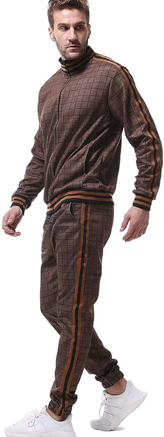 Men's 2 Piece Outfits Casual Long Sleeve Full Zip Plaid Print Shirt Drawstring Stretch Jogger Pant Set Tracksuit