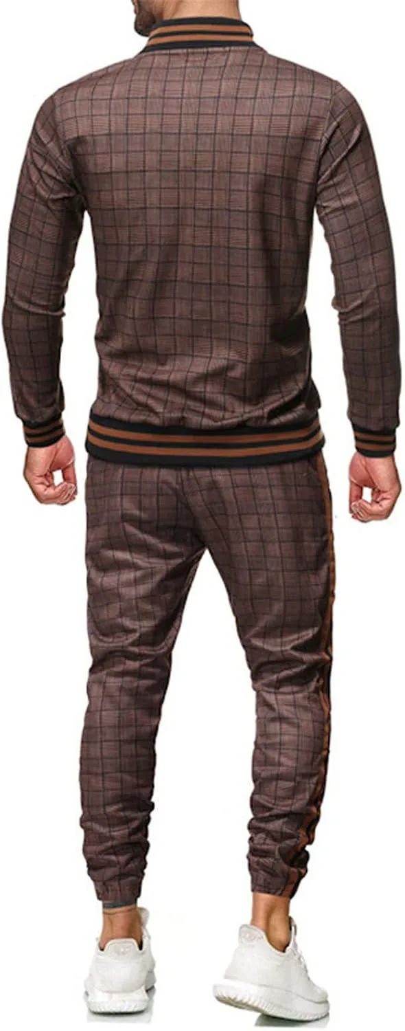 Men's 2 Piece Outfits Casual Long Sleeve Full Zip Plaid Print Shirt Drawstring Stretch Jogger Pant Set Tracksuit