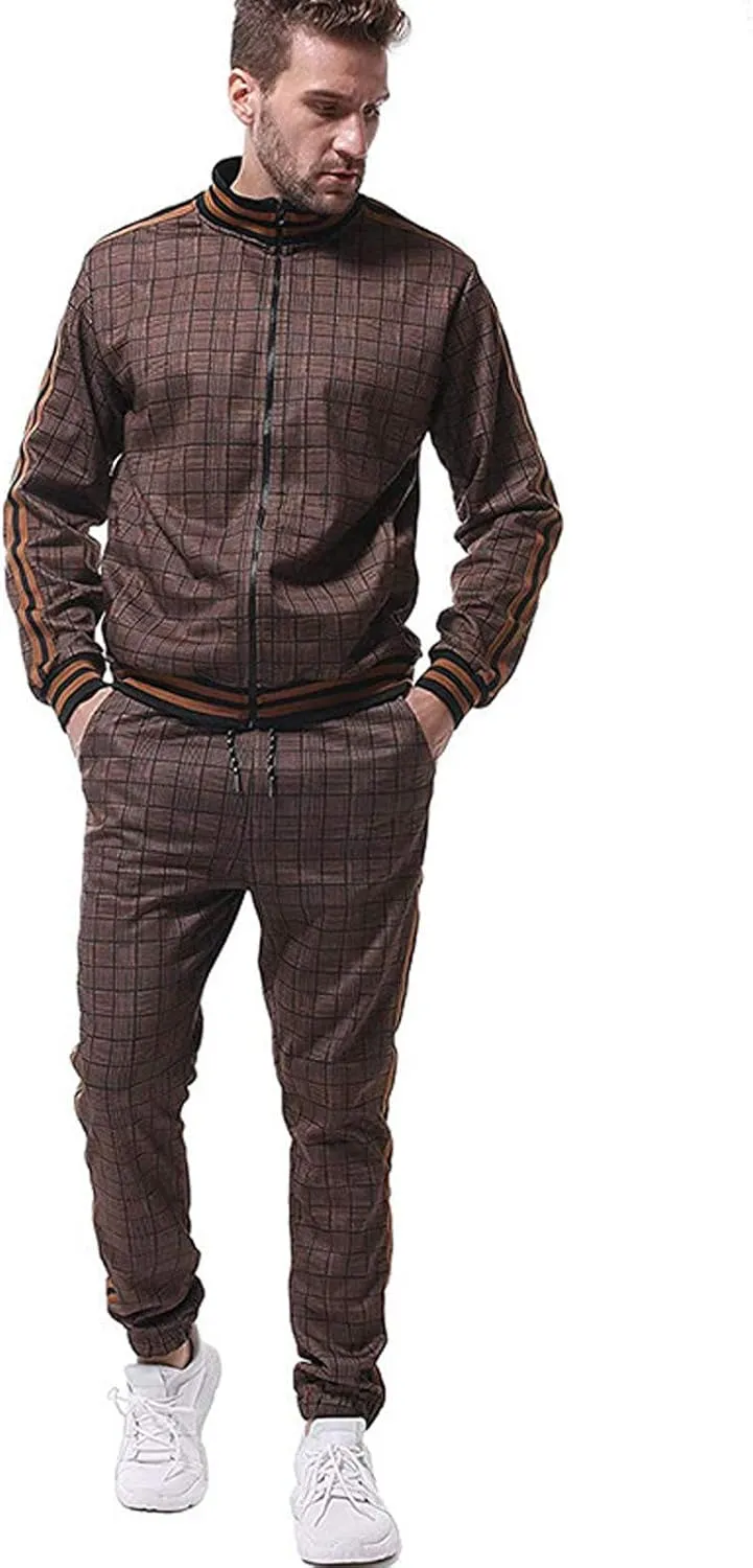 Men's 2 Piece Outfits Casual Long Sleeve Full Zip Plaid Print Shirt Drawstring Stretch Jogger Pant Set Tracksuit