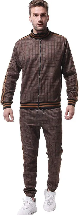 Men's 2 Piece Outfits Casual Long Sleeve Full Zip Plaid Print Shirt Drawstring Stretch Jogger Pant Set Tracksuit