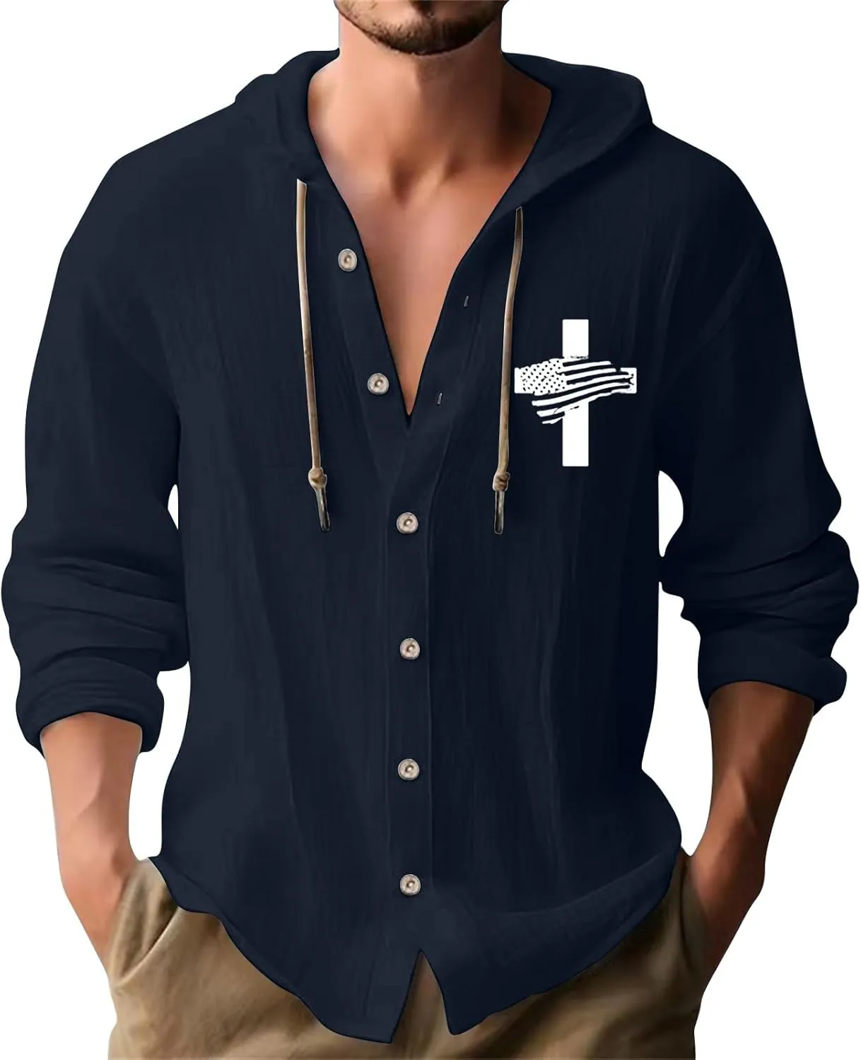 Mens 4th of July Linen Hoodie Shirts Long Sleeve Button Down Shirt American Flag Pullover Summer Hawaiian Beach Tops