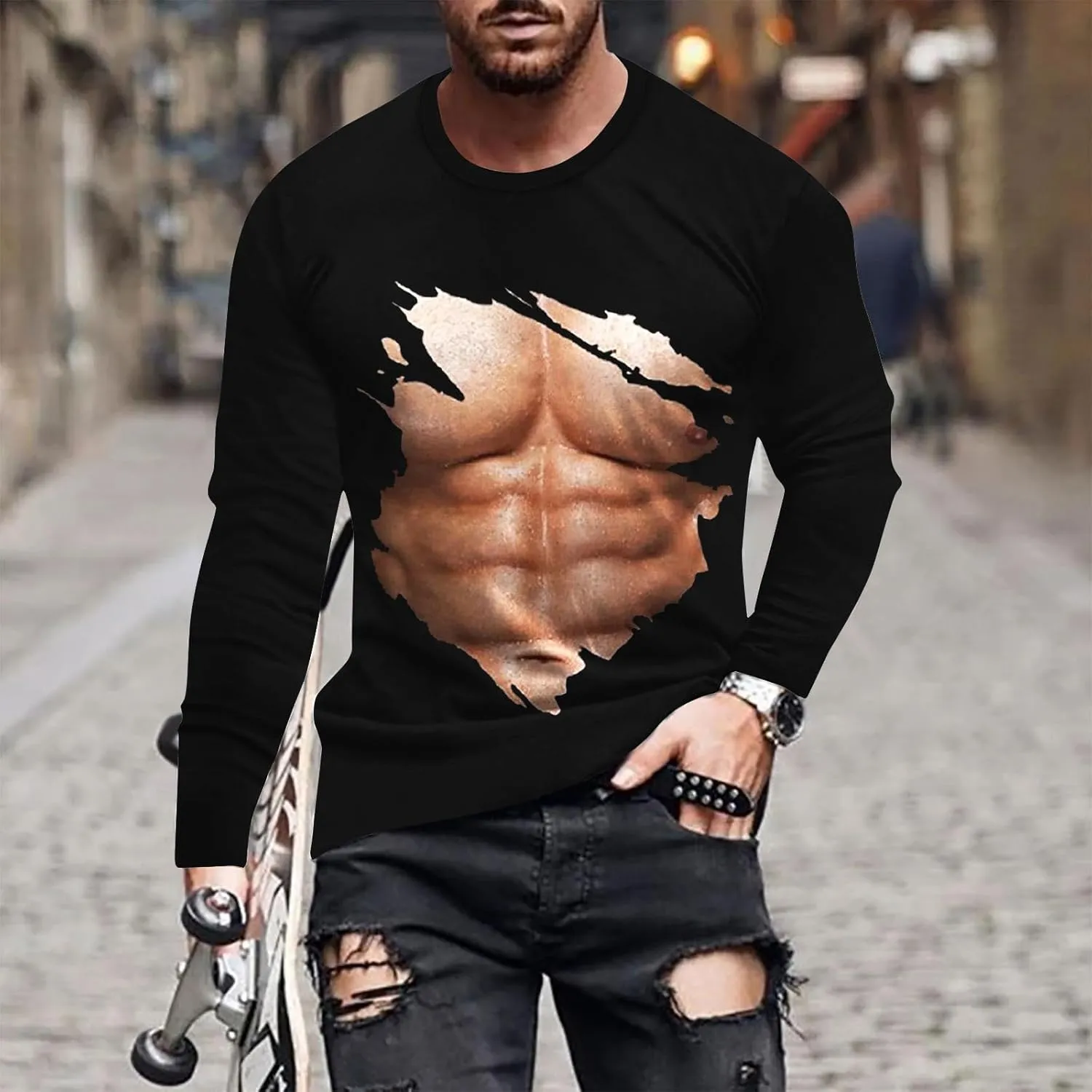 Mens Big and Tall Long Sleeve Shirts Casual Stylish 3D Muscle Graphic Tee Shirts Loose Fitness Sport Pullover Top
