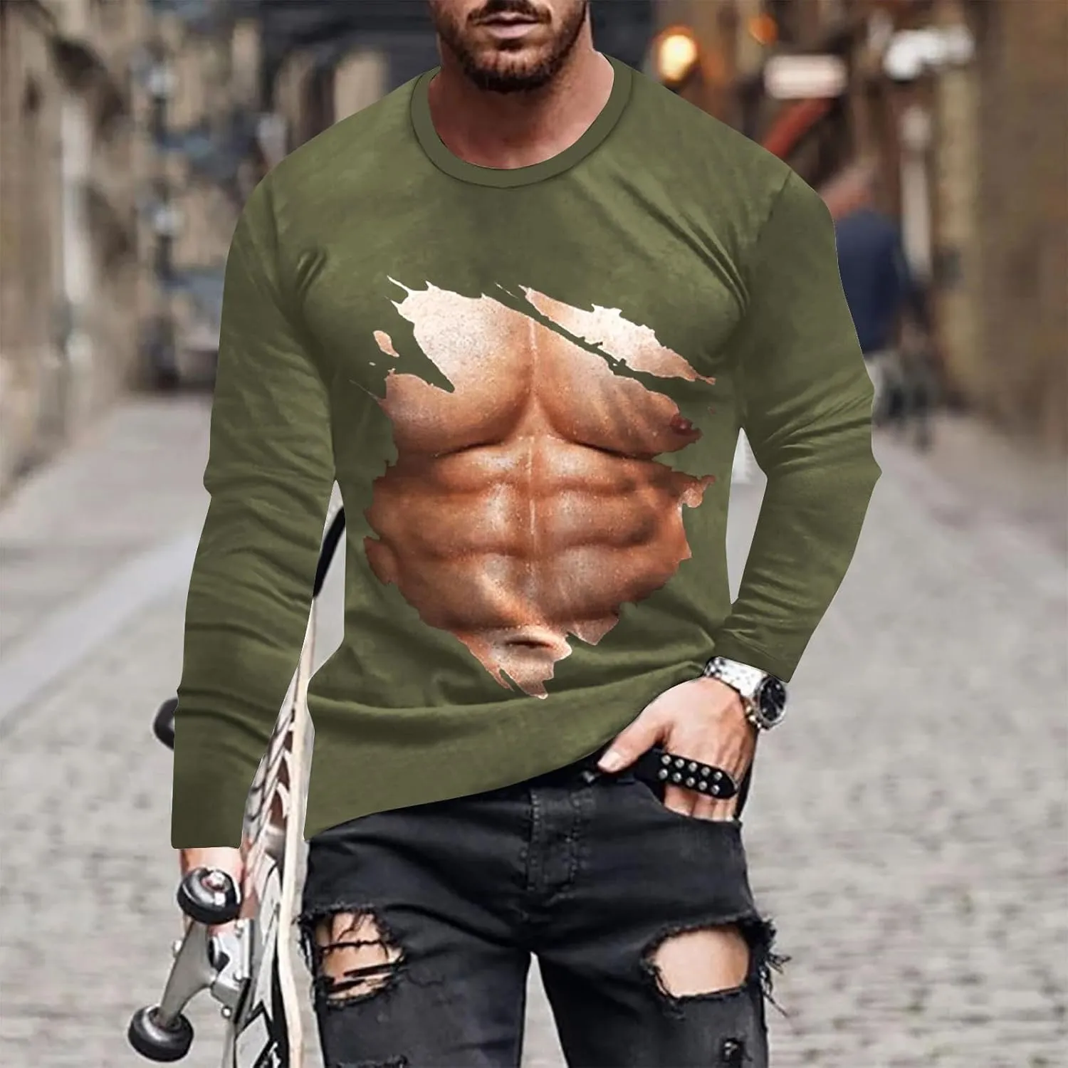 Mens Big and Tall Long Sleeve Shirts Casual Stylish 3D Muscle Graphic Tee Shirts Loose Fitness Sport Pullover Top