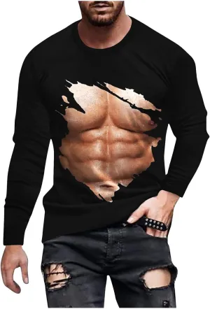 Mens Big and Tall Long Sleeve Shirts Casual Stylish 3D Muscle Graphic Tee Shirts Loose Fitness Sport Pullover Top
