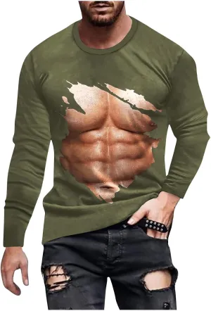 Mens Big and Tall Long Sleeve Shirts Casual Stylish 3D Muscle Graphic Tee Shirts Loose Fitness Sport Pullover Top