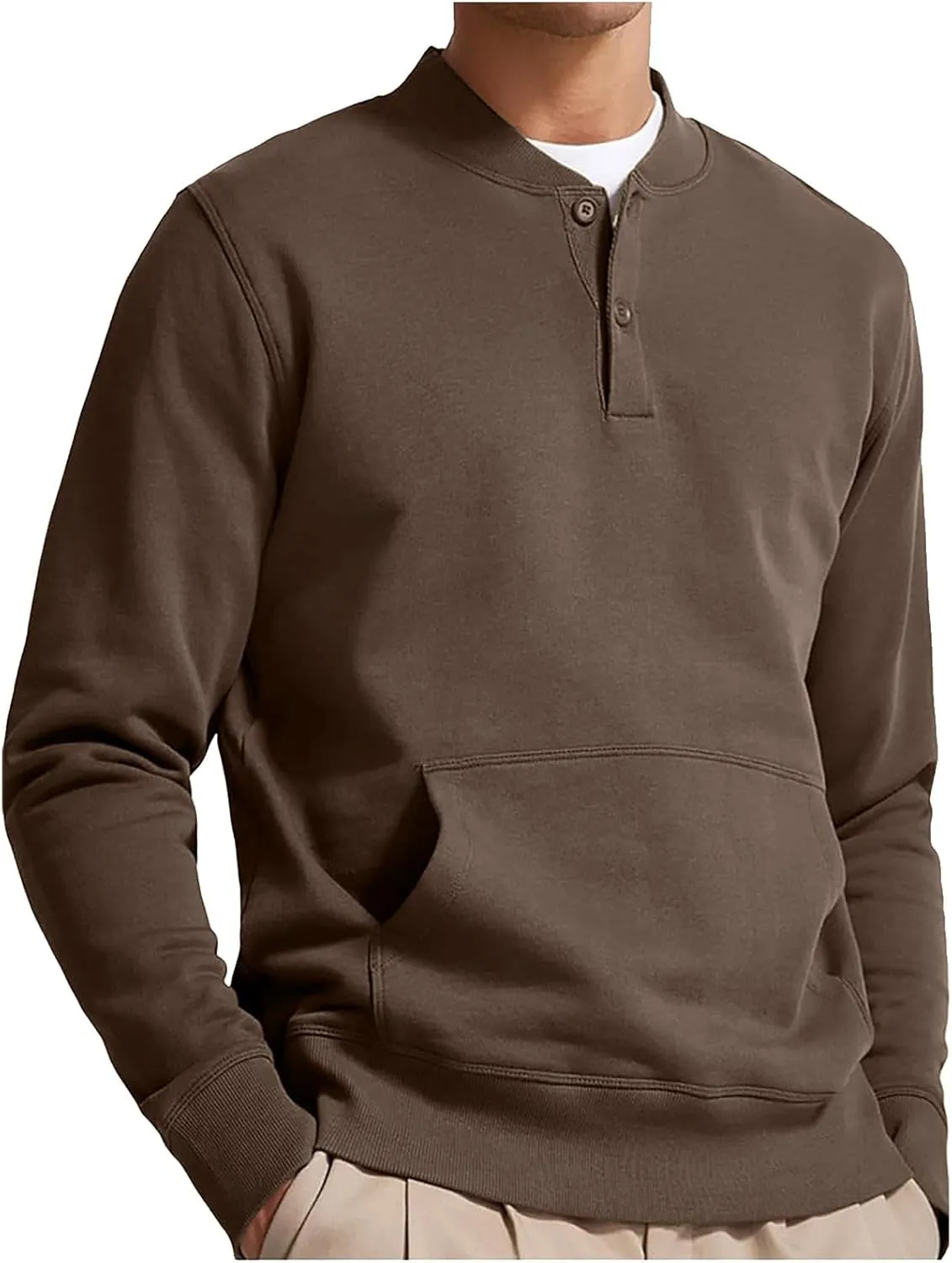 Mens Button Down Long Sleeve Shirts Slim Fit 2024 Fall Thin Crewneck Henly Shirt Solid Crewneck Sweatshirts Pullover