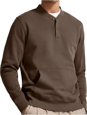 Mens Button Down Long Sleeve Shirts Slim Fit 2024 Fall Thin Crewneck Henly Shirt Solid Crewneck Sweatshirts Pullover