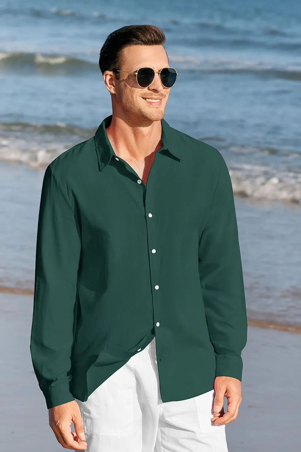 Mens Button Up Shirts Long Sleeve Linen Beach Casual Cotton Summer Lightweight Tops