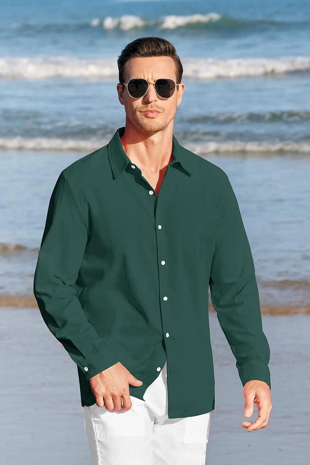 Mens Button Up Shirts Long Sleeve Linen Beach Casual Cotton Summer Lightweight Tops