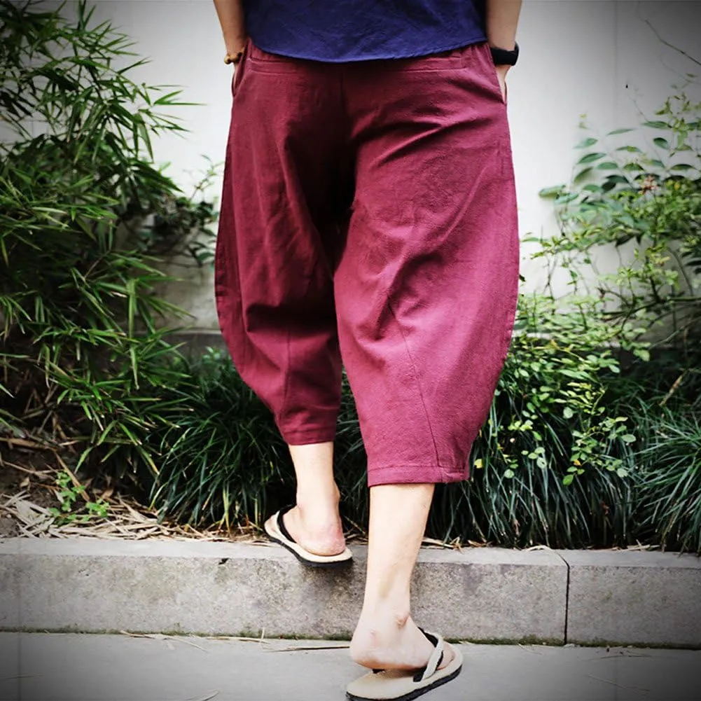 Mens Casual Baggy Cotton Linen Pocket Lounge Harem Pants Beach Long Shorts
