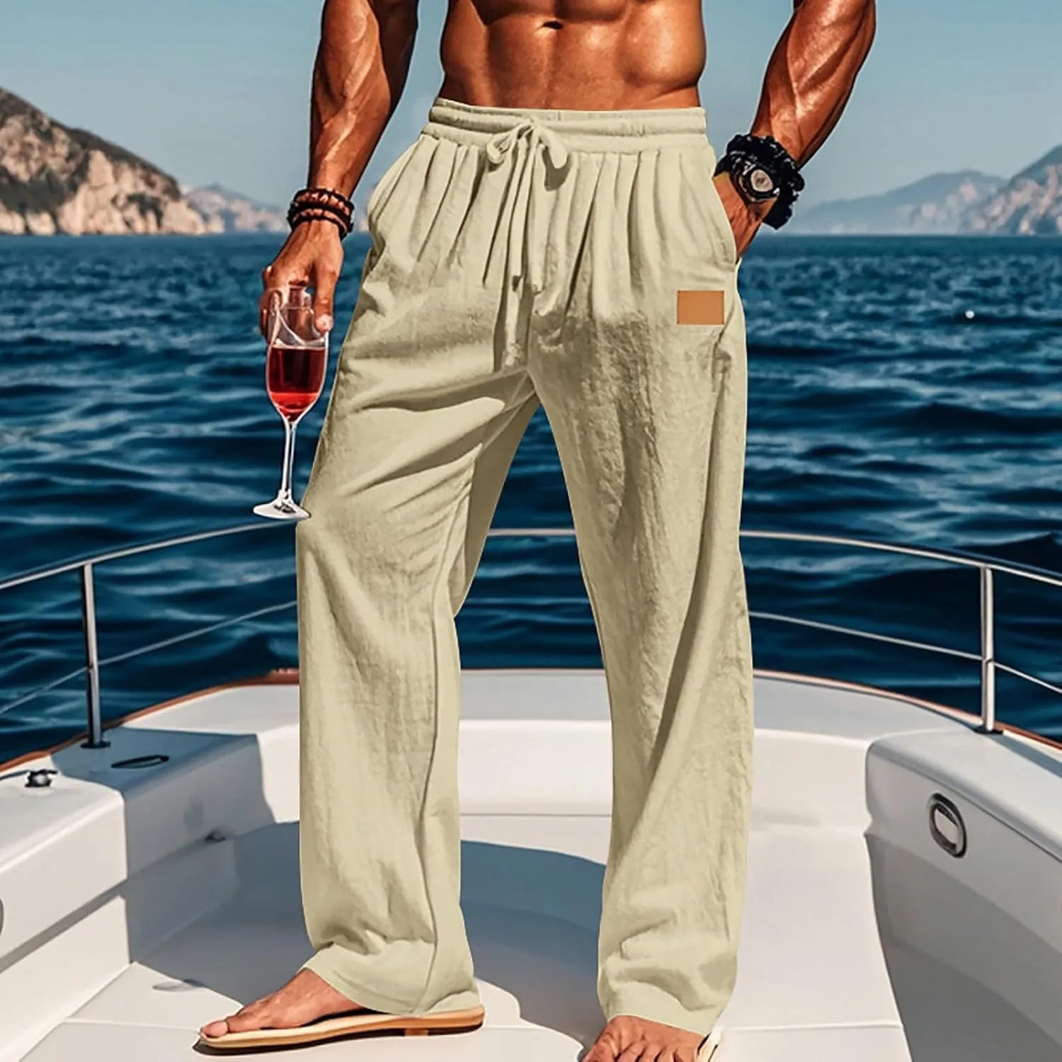 Mens Casual Fashion Linen Trousers Solid Loose Drawstring Elastic Waist Straight Leg Pants Vacation Ralaxed Fit Pants