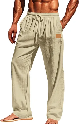 Mens Casual Fashion Linen Trousers Solid Loose Drawstring Elastic Waist Straight Leg Pants Vacation Ralaxed Fit Pants