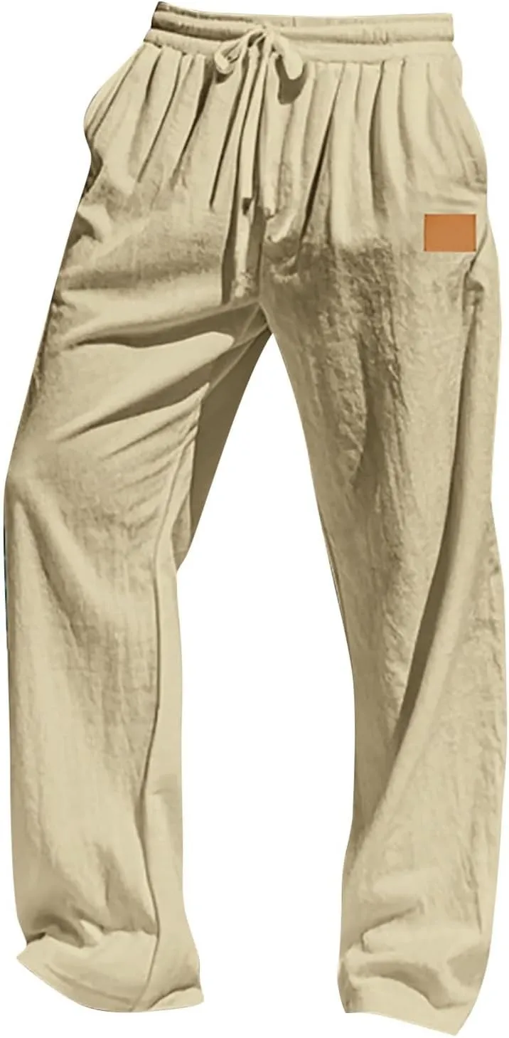 Mens Casual Fashion Linen Trousers Solid Loose Drawstring Elastic Waist Straight Leg Pants Vacation Ralaxed Fit Pants