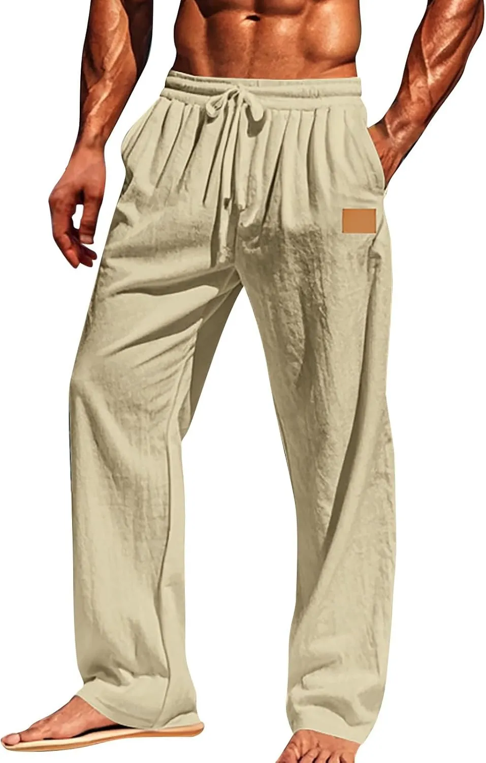 Mens Casual Fashion Linen Trousers Solid Loose Drawstring Elastic Waist Straight Leg Pants Vacation Ralaxed Fit Pants