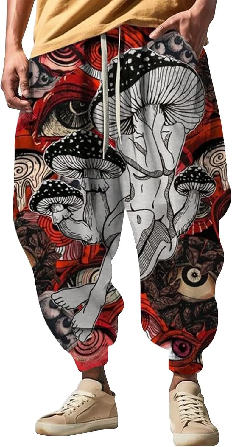 Mens Casual Harem Pants Men's Autumn Fun Print Fashion Street Feel Casual Elastic Waist Drawstring Hippie Trousers