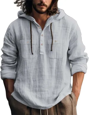 Mens Casual Linen Hooded Shirts Drawstring Hoodies Button up Beach Hippie T-Shirt Lightweight Long Sleeve Blouse Tops