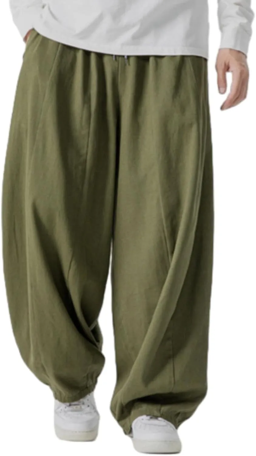 Mens Casual Wide Leg Pants Solid Lounge Oversized Loose Jogging Harem Pants Drawstring Palazzo Trousers with Pockets