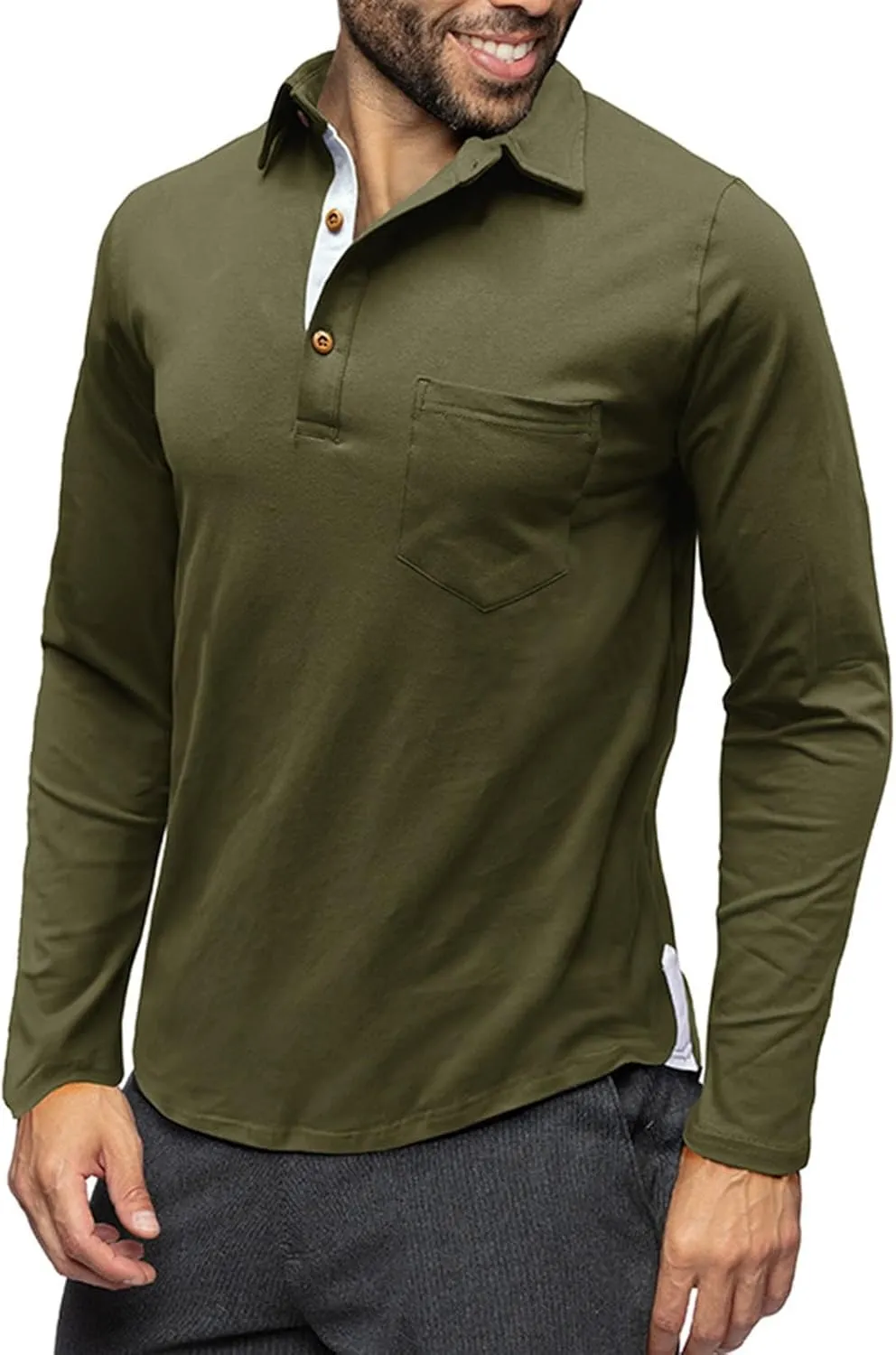 Men's Classic Casual Long Sleeve Shirts Cotton Polo Shirt with Pocket Vintage Solid Regular Fit Golf Tee Shirts