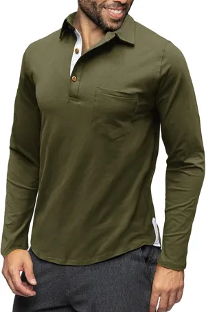 Men's Classic Casual Long Sleeve Shirts Cotton Polo Shirt with Pocket Vintage Solid Regular Fit Golf Tee Shirts