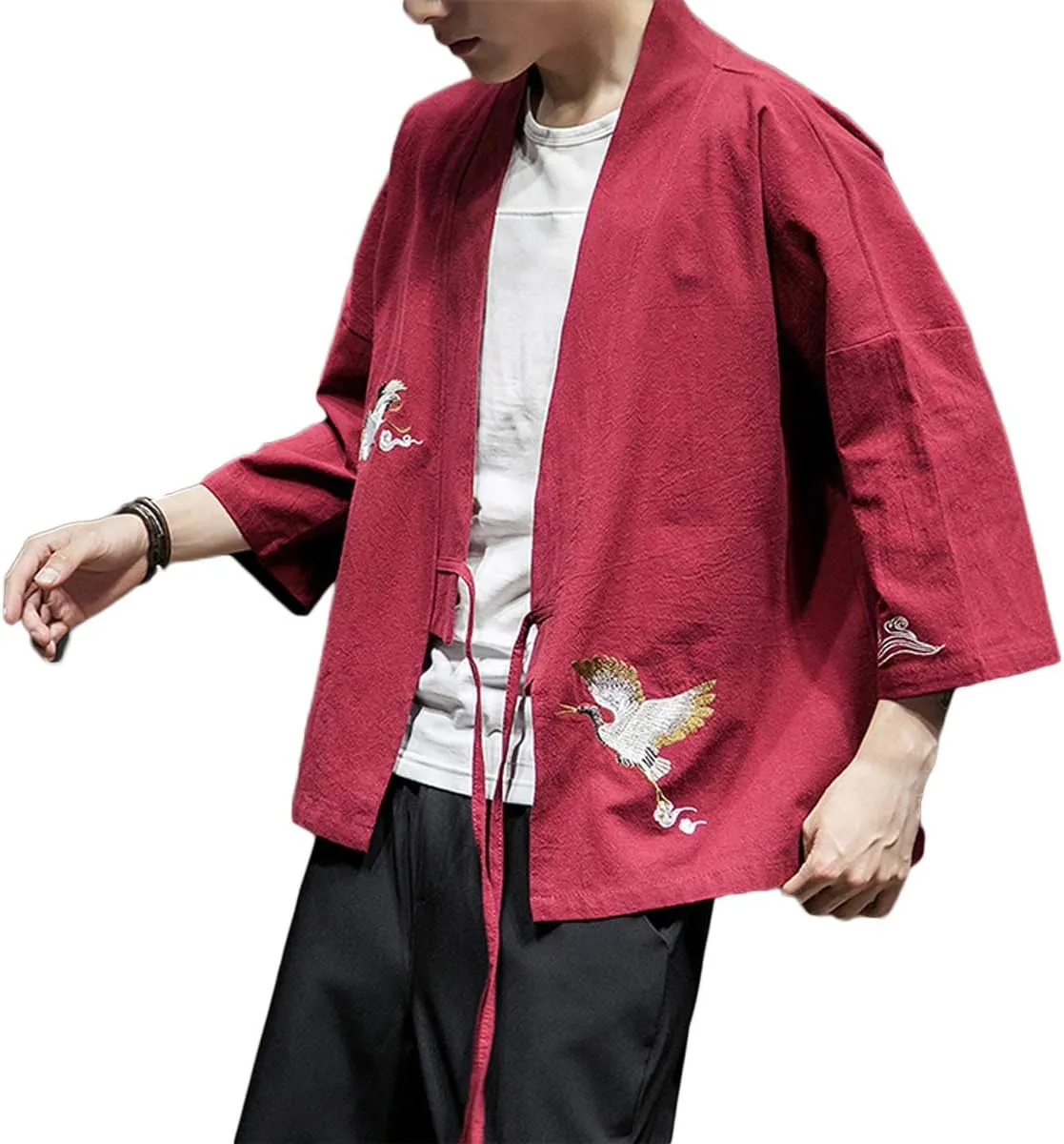 Men's Cotton Blends Linen Open Front Cardigan Embroidery Kimono Jackets