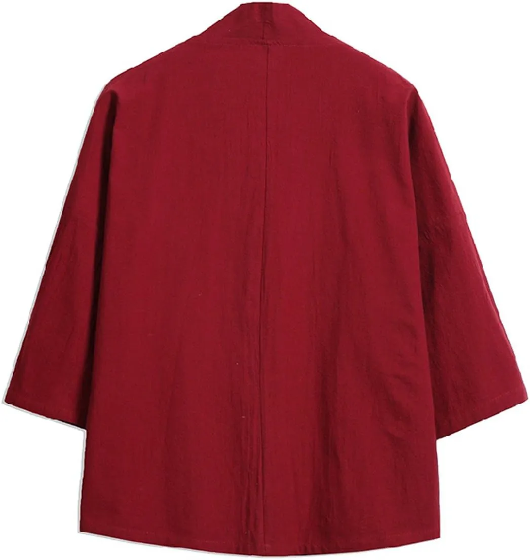 Men's Cotton Blends Linen Open Front Cardigan Embroidery Kimono Jackets