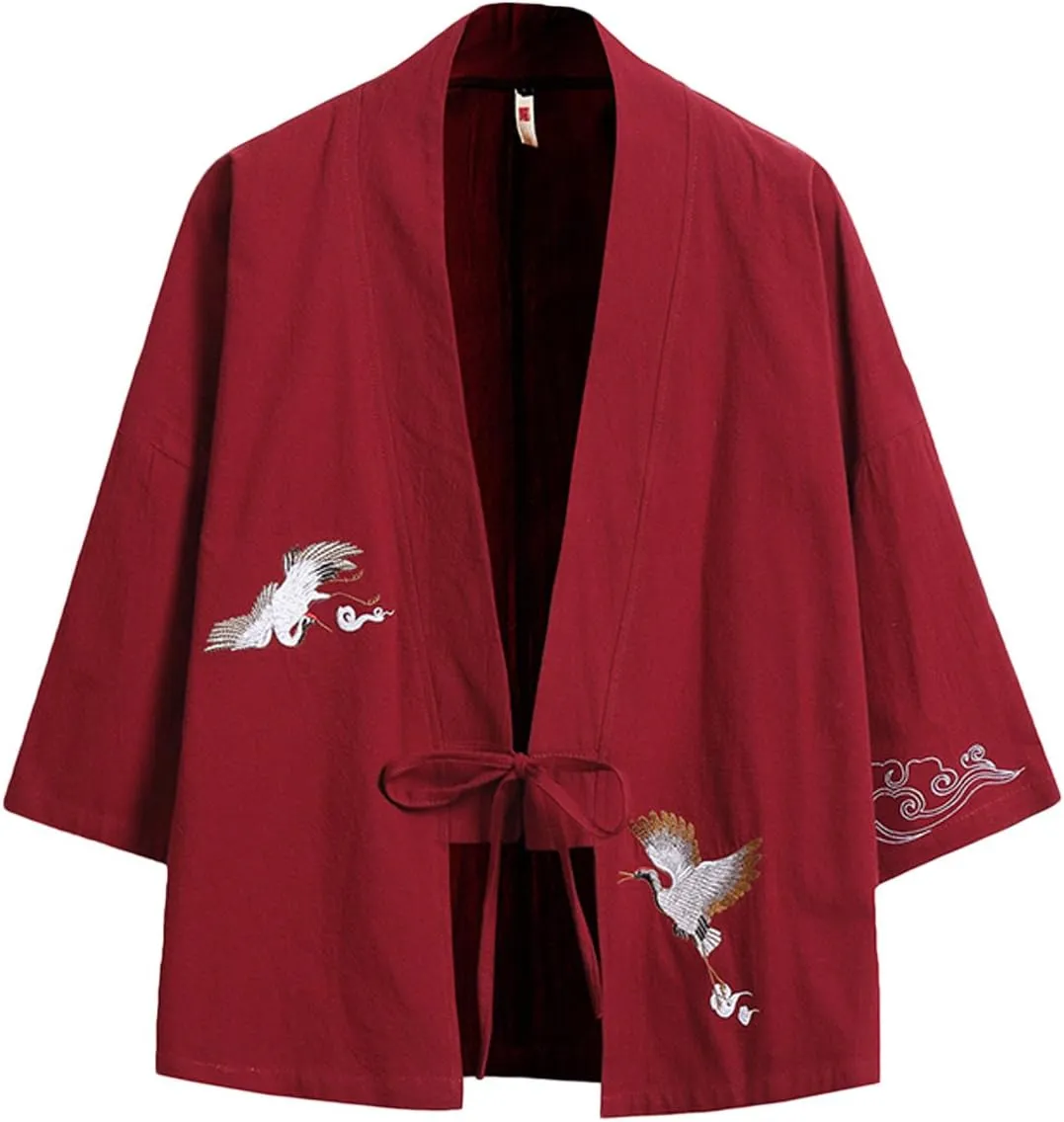 Men's Cotton Blends Linen Open Front Cardigan Embroidery Kimono Jackets