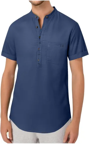 Men's Cotton Linen Henley Shirt Short Sleeve Casual Summer Beach Hippie T Shirts Band Collar Lightweight Hippie Tees