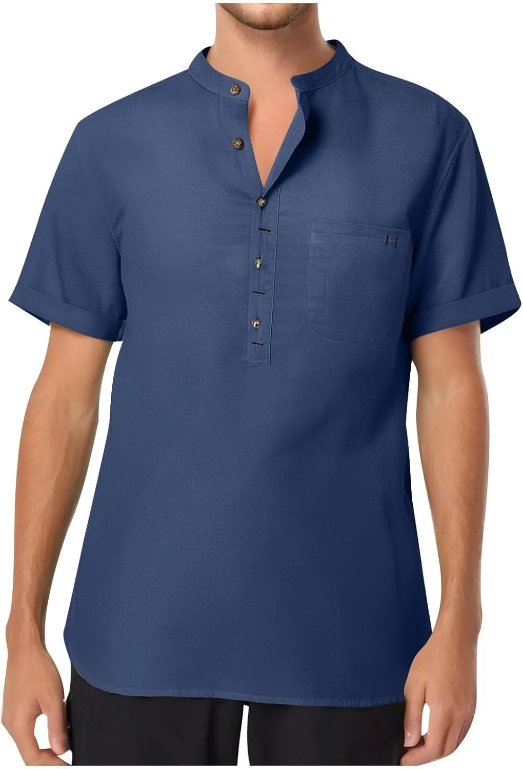 Men's Cotton Linen Henley Shirt Short Sleeve Casual Summer Beach Hippie T Shirts Band Collar Lightweight Hippie Tees