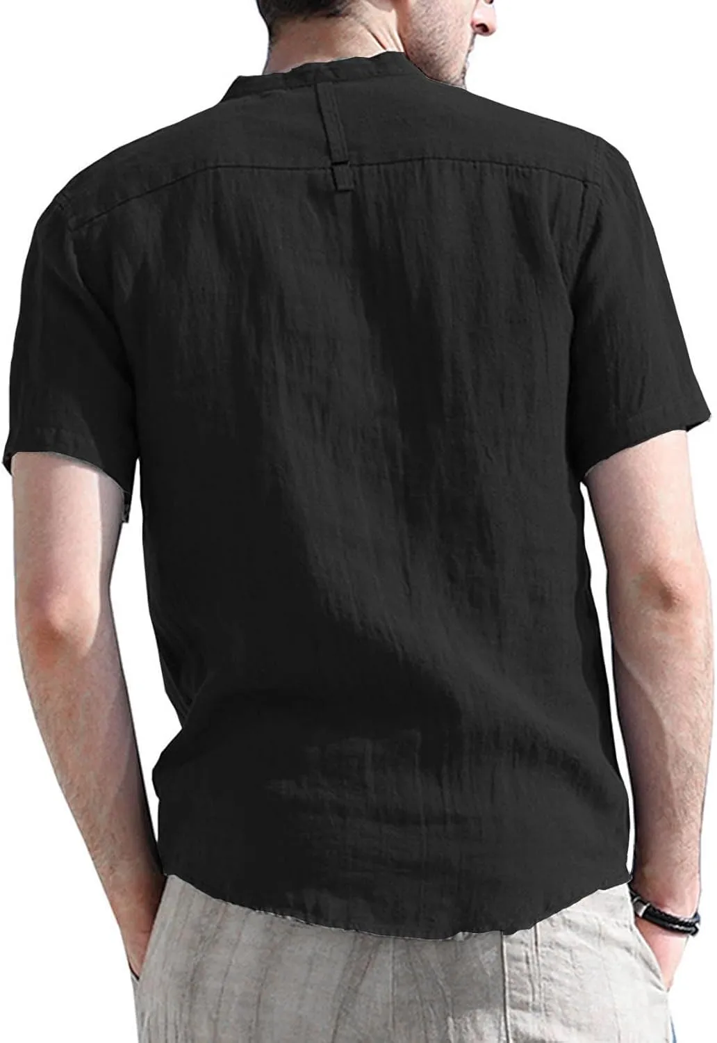 Men's Cotton Linen Henley Shirt Short Sleeve Casual Summer Beach Hippie T Shirts Band Collar Lightweight Hippie Tees
