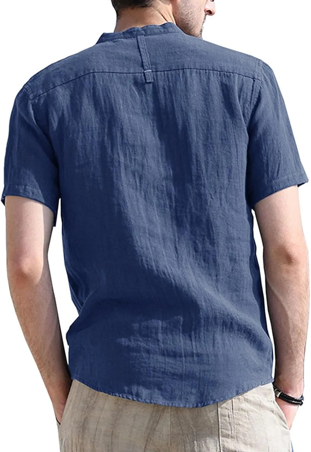Men's Cotton Linen Henley Shirt Short Sleeve Casual Summer Beach Hippie T Shirts Band Collar Lightweight Hippie Tees