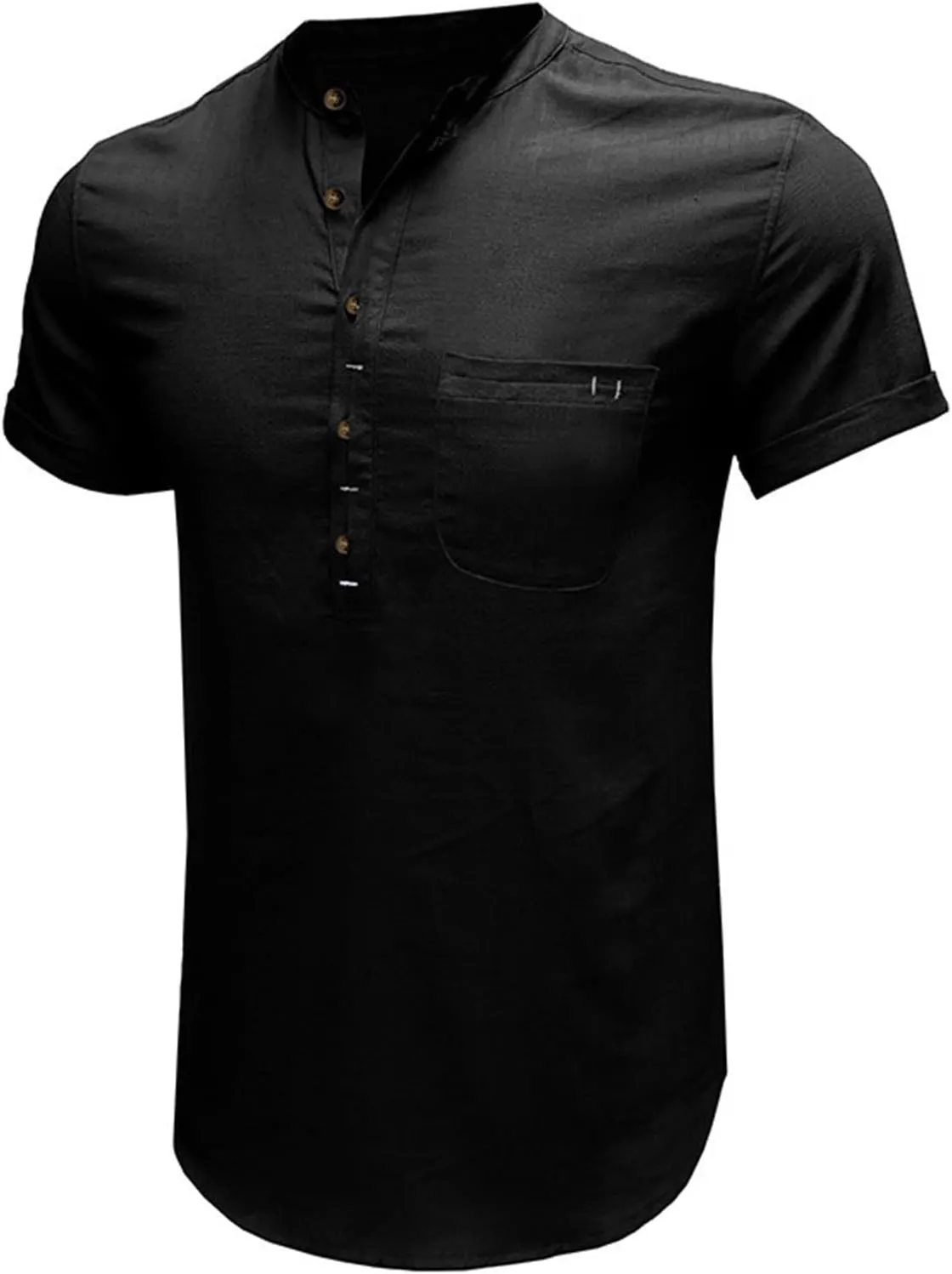 Men's Cotton Linen Henley Shirt Short Sleeve Casual Summer Beach Hippie T Shirts Band Collar Lightweight Hippie Tees
