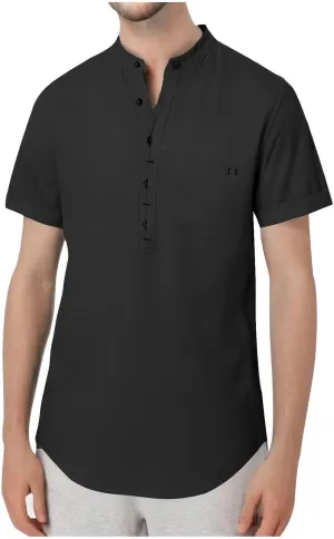 Men's Cotton Linen Henley Shirt Short Sleeve Casual Summer Beach Hippie T Shirts Band Collar Lightweight Hippie Tees