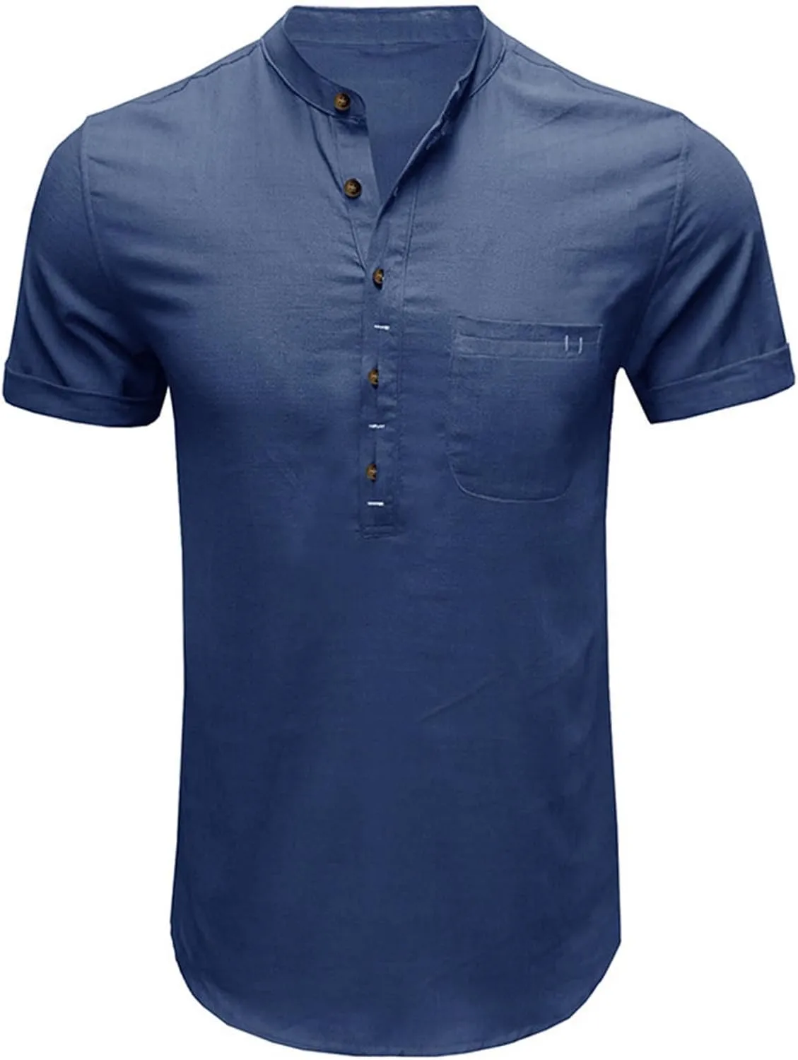 Men's Cotton Linen Henley Shirt Short Sleeve Casual Summer Beach Hippie T Shirts Band Collar Lightweight Hippie Tees