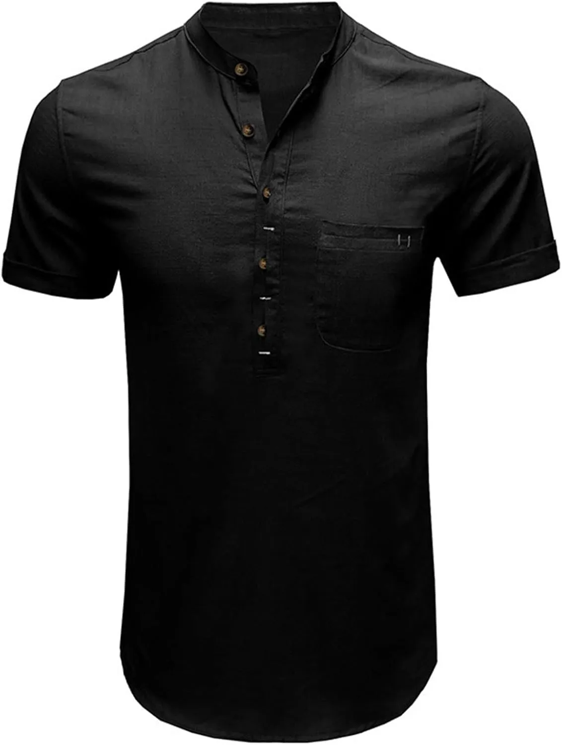 Men's Cotton Linen Henley Shirt Short Sleeve Casual Summer Beach Hippie T Shirts Band Collar Lightweight Hippie Tees