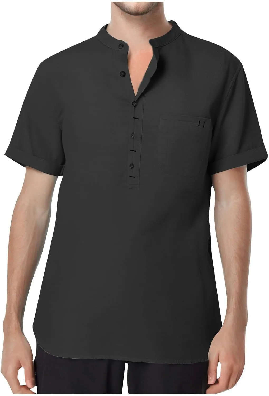 Men's Cotton Linen Henley Shirt Short Sleeve Casual Summer Beach Hippie T Shirts Band Collar Lightweight Hippie Tees