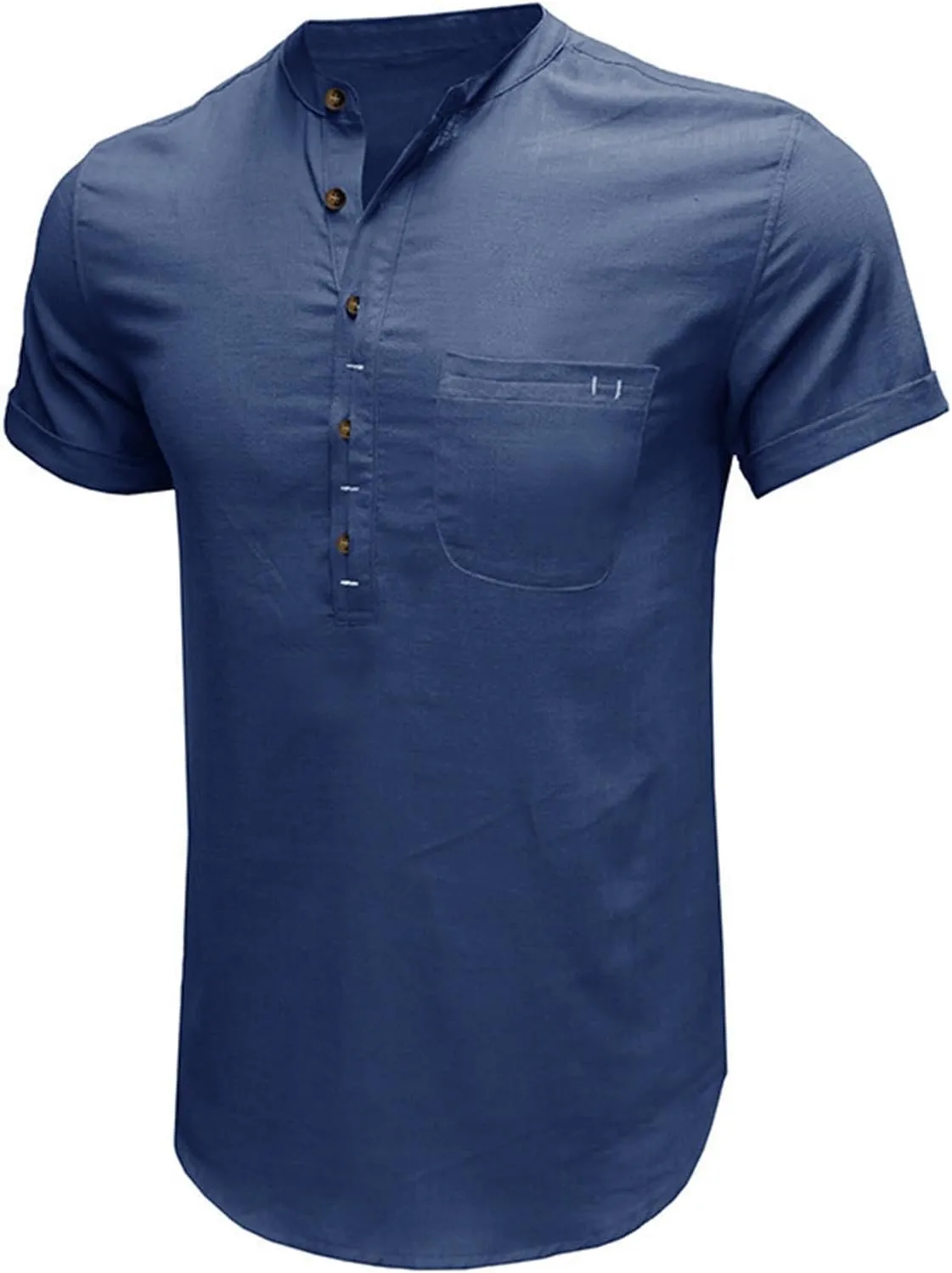 Men's Cotton Linen Henley Shirt Short Sleeve Casual Summer Beach Hippie T Shirts Band Collar Lightweight Hippie Tees