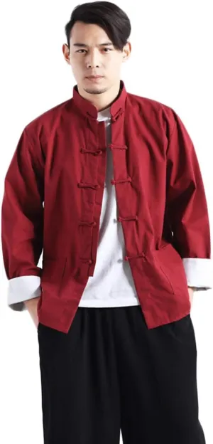 Men's Cotton Linen Kung Fu Shirt Chinese Traditional Tang Suit Tai Chi Blouse Long Sleeve Jacket Coats