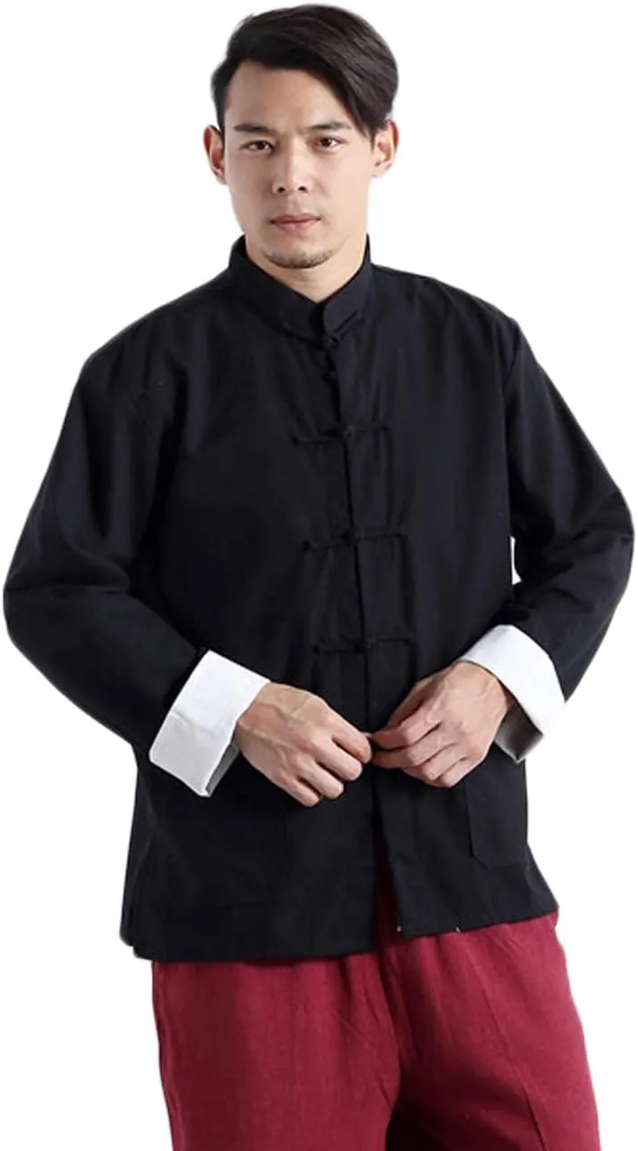 Men's Cotton Linen Kung Fu Shirt Chinese Traditional Tang Suit Tai Chi Blouse Long Sleeve Jacket Coats