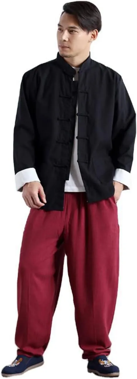 Men's Cotton Linen Kung Fu Shirt Chinese Traditional Tang Suit Tai Chi Blouse Long Sleeve Jacket Coats