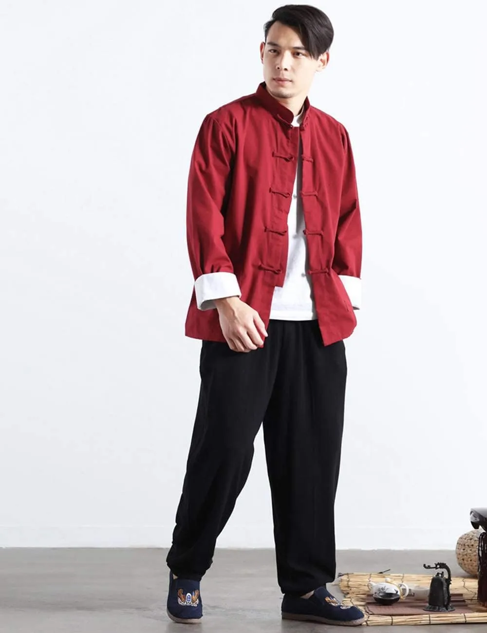 Men's Cotton Linen Kung Fu Shirt Chinese Traditional Tang Suit Tai Chi Blouse Long Sleeve Jacket Coats