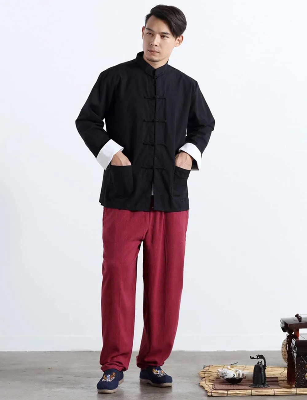 Men's Cotton Linen Kung Fu Shirt Chinese Traditional Tang Suit Tai Chi Blouse Long Sleeve Jacket Coats