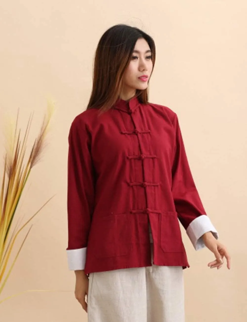 Men's Cotton Linen Kung Fu Shirt Chinese Traditional Tang Suit Tai Chi Blouse Long Sleeve Jacket Coats
