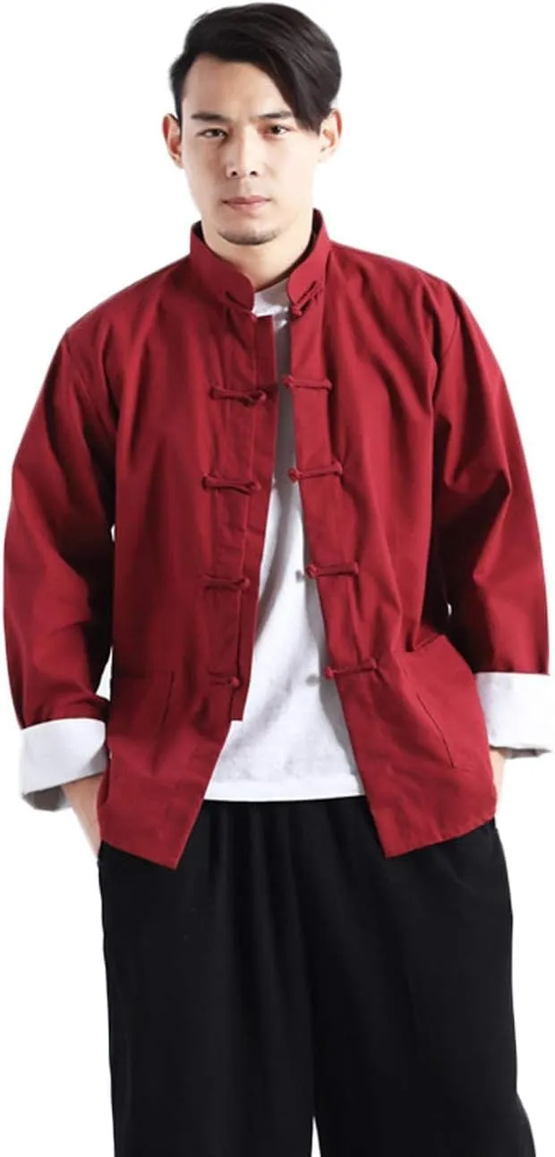 Men's Cotton Linen Kung Fu Shirt Chinese Traditional Tang Suit Tai Chi Blouse Long Sleeve Jacket Coats