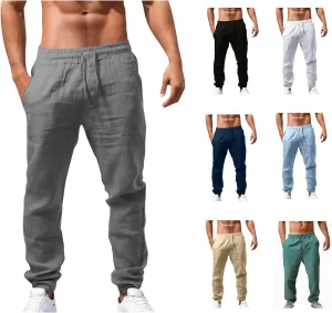 Mens Cotton Linen Pants Elastic Waist Drawstring Straight Leg Casual Pants Summer Loose Lightweight Yoga Beach Slacks