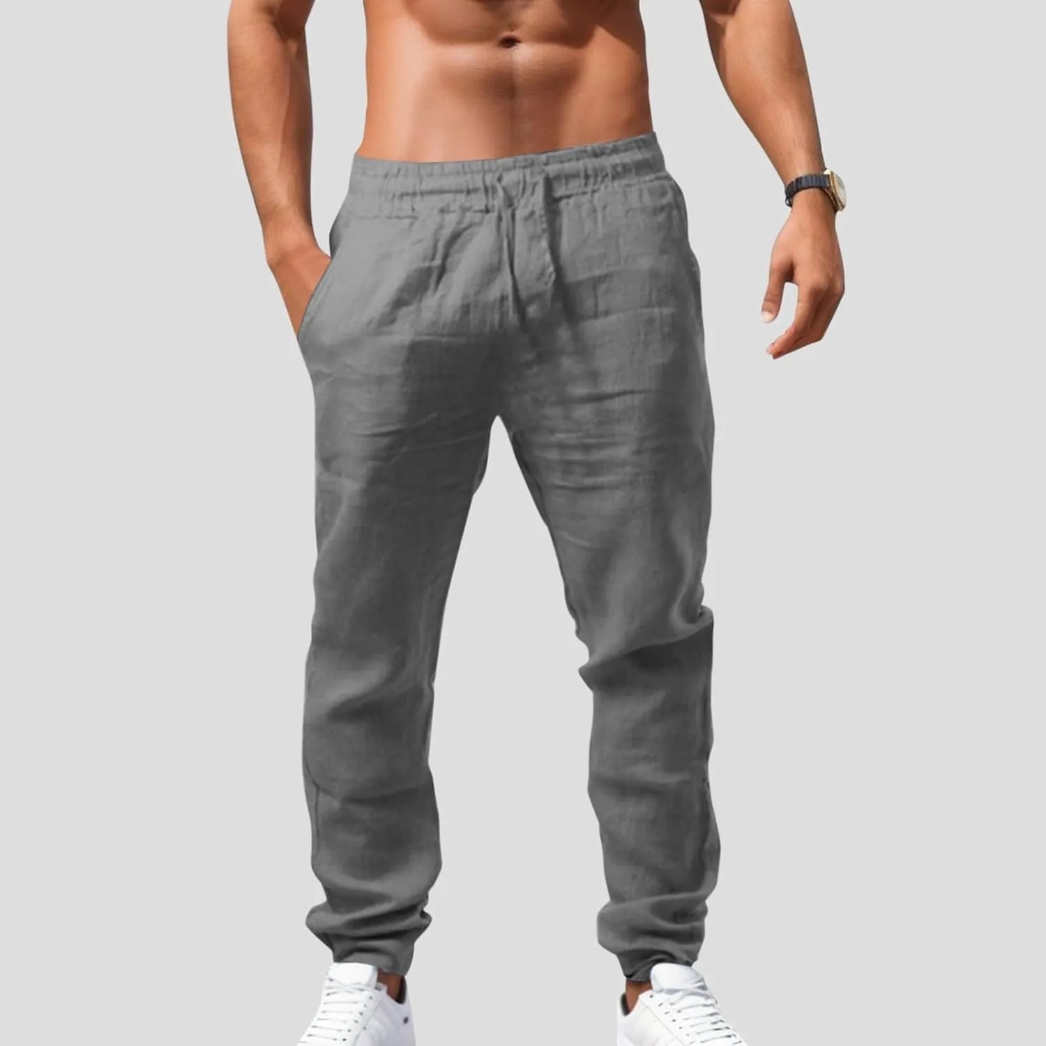 Mens Cotton Linen Pants Elastic Waist Drawstring Straight Leg Casual Pants Summer Loose Lightweight Yoga Beach Slacks